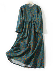Cotton Linen Vintage Floral Print Casual Loose Long Dress