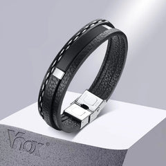 Leather Bracelets for Men Glossy Stainless Steel Layered Braided