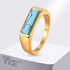 Stone Signet Ring Unisex Gold Plated Stainless Steel Finger Band