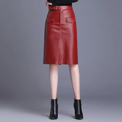 Straight Skirts Solid Color Casual PU Leather Knee Length