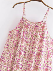 BOHO Pink Contrast Color Flower Print Midi Long Sling Dress