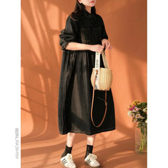 Dresses Single Breasted Turn Down Collar Denim Dress Solid Pockets