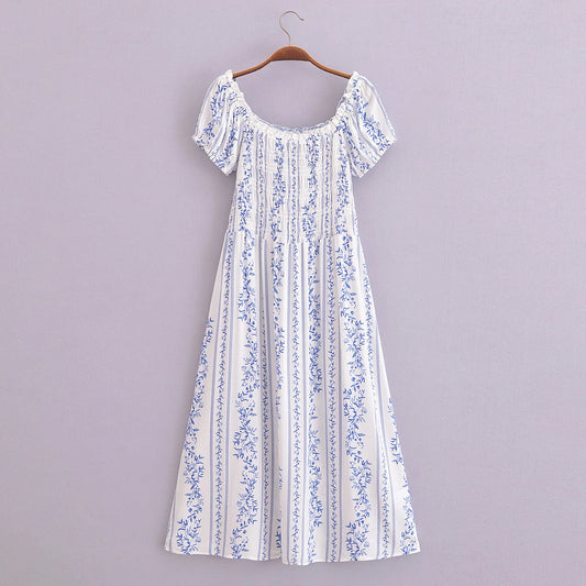 BOHO White Blue Flower Striped Print Maxi Dress