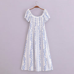 BOHO White Blue Flower Striped Print Maxi Dress