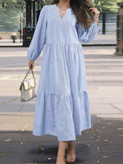 Elegant V Neck Long Sleeve Dress Striped Sundress Pleated Midi Robe Fashion
