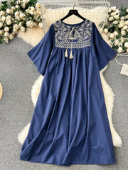 Women Casual Retro Embroidered Loose Long Dresses