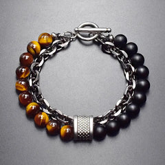 Men's Tiger Eye Stone Beaded Bracelet Stainless Steel Jewelry