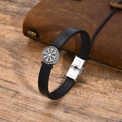 Viking Compass Charm Bracelets for Men Black PU Leather Bangle