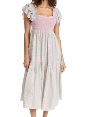 BOHO Spliced Wood ears Ruffles Sleeve Floral Print Midi Dress Hippie