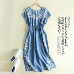 Denim Dresses Embroidery Skirt V-Necks Short Sleeve Slim Waist Retro