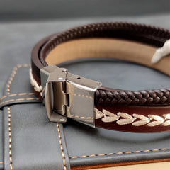 Style Brown Multilayer Man Bracelet Braided Rope Stainless Steel