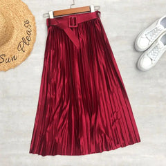 Solid Elegant Stain Women's Pleated High Waist Skirts