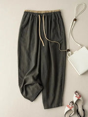 Summer Retro Cotton Linen Loose Harem Pants Elastic Drawstring Waist