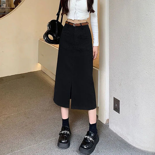 Long Fashion with Belt High Waist Split Straight Skirt All-Match