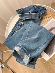 Retro Blue Jeans Suspender Trousers Casual Loose High Waist Denim Pants