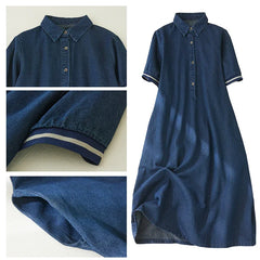 Women's Blue Denim Dress Fashion Short Sleeve Vintage Mid-long