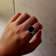 Retro Flat Square Black Glass Onyx Ring For Men Classic Style