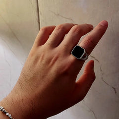 Retro Flat Square Black Glass Onyx Ring For Men Classic Style