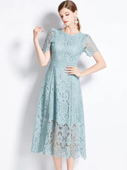 Vintage Lace Hollow Out Prom Short Sleeve Long Dress Clothing
