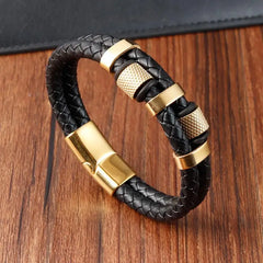 Irregular Beads Men Fashion Stainless Steel Leather Bracelet Classic