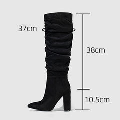 Street Style Pleated Pointed Toe Zip Thigh High Boots Square Heel