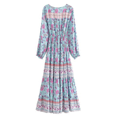 BOHO Contrast Color Flower Print Long Sleeve Dress