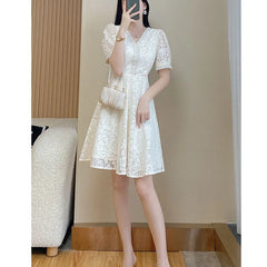 V-neck Elegant Fashion Beading Waist A-line Lace Dress W