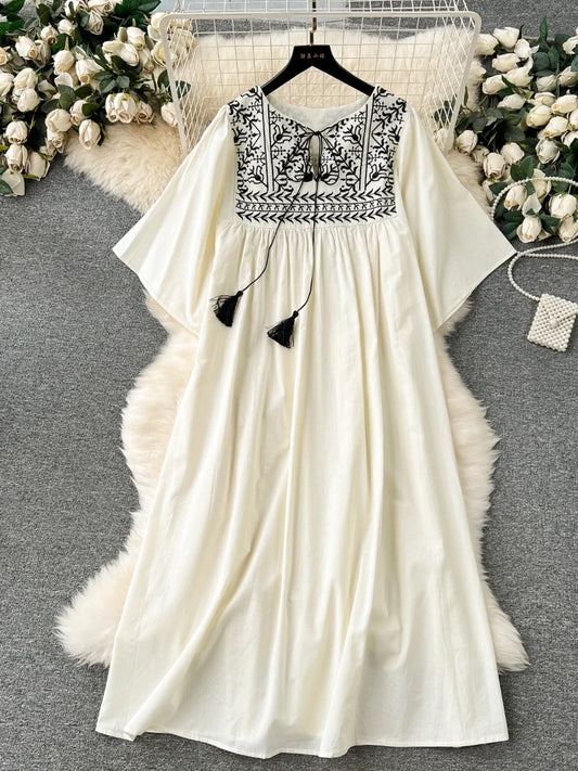 Women Casual Retro Embroidered Loose Long Dresses