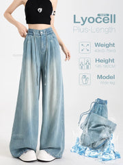 Lyocell Fabric Woman Jeans Loose Wide Leg Elastic Waist Pants Fashion
