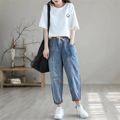 Streetwear Ripped Hole Harem Jeans Baggy Ankle-length Denim