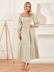 Embroidery Flower A-Line Dress Women's Puff Long Sleeve Square Neck