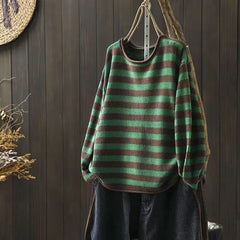 Fashion Casual Women Contrast Stripe Sweater Long Sleeve Basic