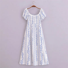 BOHO White Blue Flower Striped Print Maxi Dress