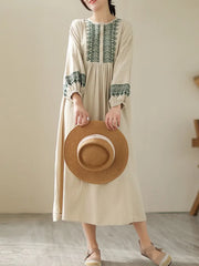 Cotton Long Vintage Style Embroidery Casual Dress