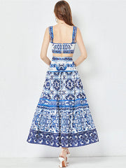 Porcelain Two Piece Set Flower Print Short Crop Top Maxi Skirt Suits