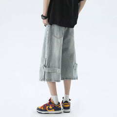 Style Zipper Decor Men's Jeans Wide Leg Shorts