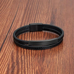 Simple Style Men's Black Genuine Leather Bracelet Classic Bangles