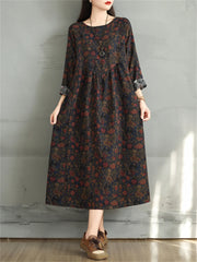 Cotton Vintage Long Sleeve Print Casual Loose Dress