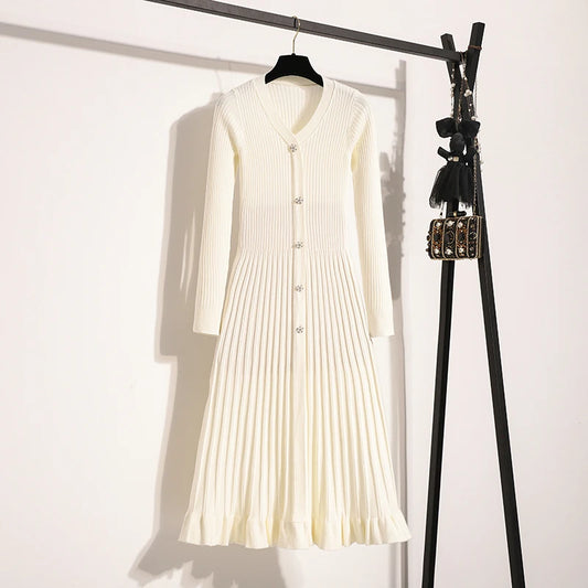 Solid Knitted Sweater Long Dresses Office V Neck Long Sleeve High Waist