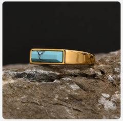 Stone Signet Ring Unisex Gold Plated Stainless Steel Finger Band