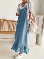 Fashion Sundress Summer Vintage Ruffles Casual Straps Solid Midi