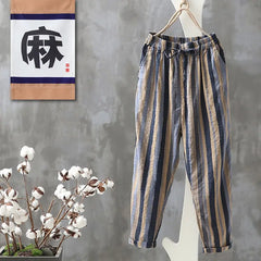 Vintage Striped Print Cotton Linen Ankle Length Harem Pants