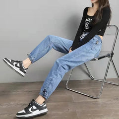 Drawstring Ankle-length Loose Jogger Jeans Solid Color Streetwear