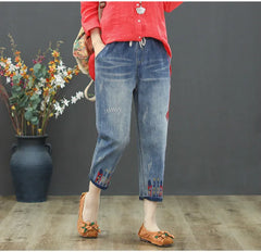 Fashion Ripped Loose Jeans Casual Embroidery Denim Trousers Vintage