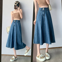 Streetwear Lady Denim Mid Length Skirt Casual High Waist