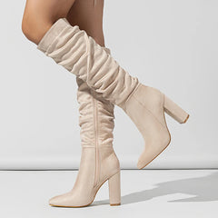 Street Style Pleated Pointed Toe Zip Thigh High Boots Square Heel