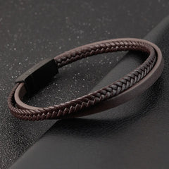 Simple Style Men's Black Genuine Leather Bracelet Classic Bangles