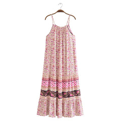 BOHO Pink Contrast Color Flower Print Midi Long Sling Dress