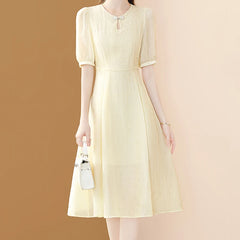 Apricot O-neck Puff Sleeve Casual Office A-line Dresses