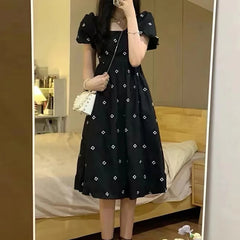 Elegant Midi Style Floral Print Square Collar Casual Dresses